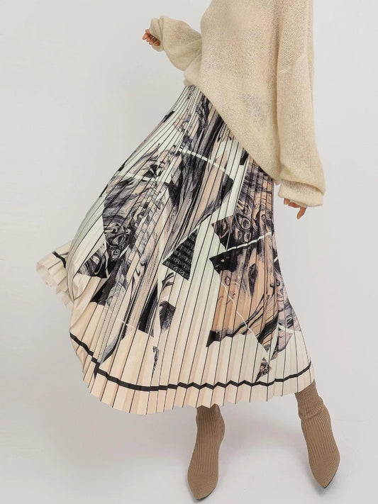Fashion Ink Printed Pleated Long Skirt Spring Summer Abstract Printing A-line Calf Long Drope Skirts
