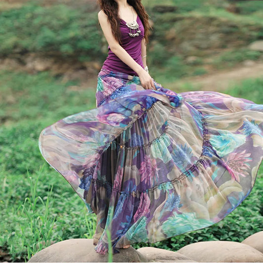 Free Shipping 2023 Boshow Fashion Long Chiffon Skirt Floral Printed Maxi Boho Skirts For Women Plus Size Bohemian Skirts XS-XL