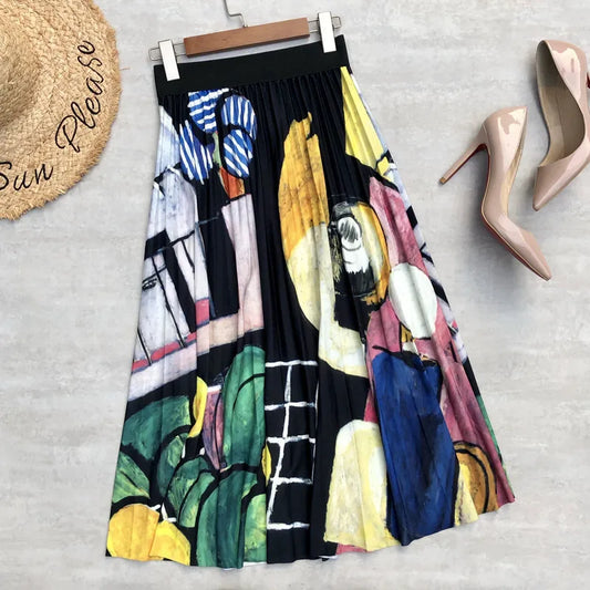 Spring Vintage Printed Long Pleated Skirts Color Blocks Gradient A-line Calf Long Skirts