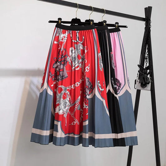 Summer Vintage Printed Pleated Long Skirt All-match Thin Big Swing Calf Long Trendy Skirt